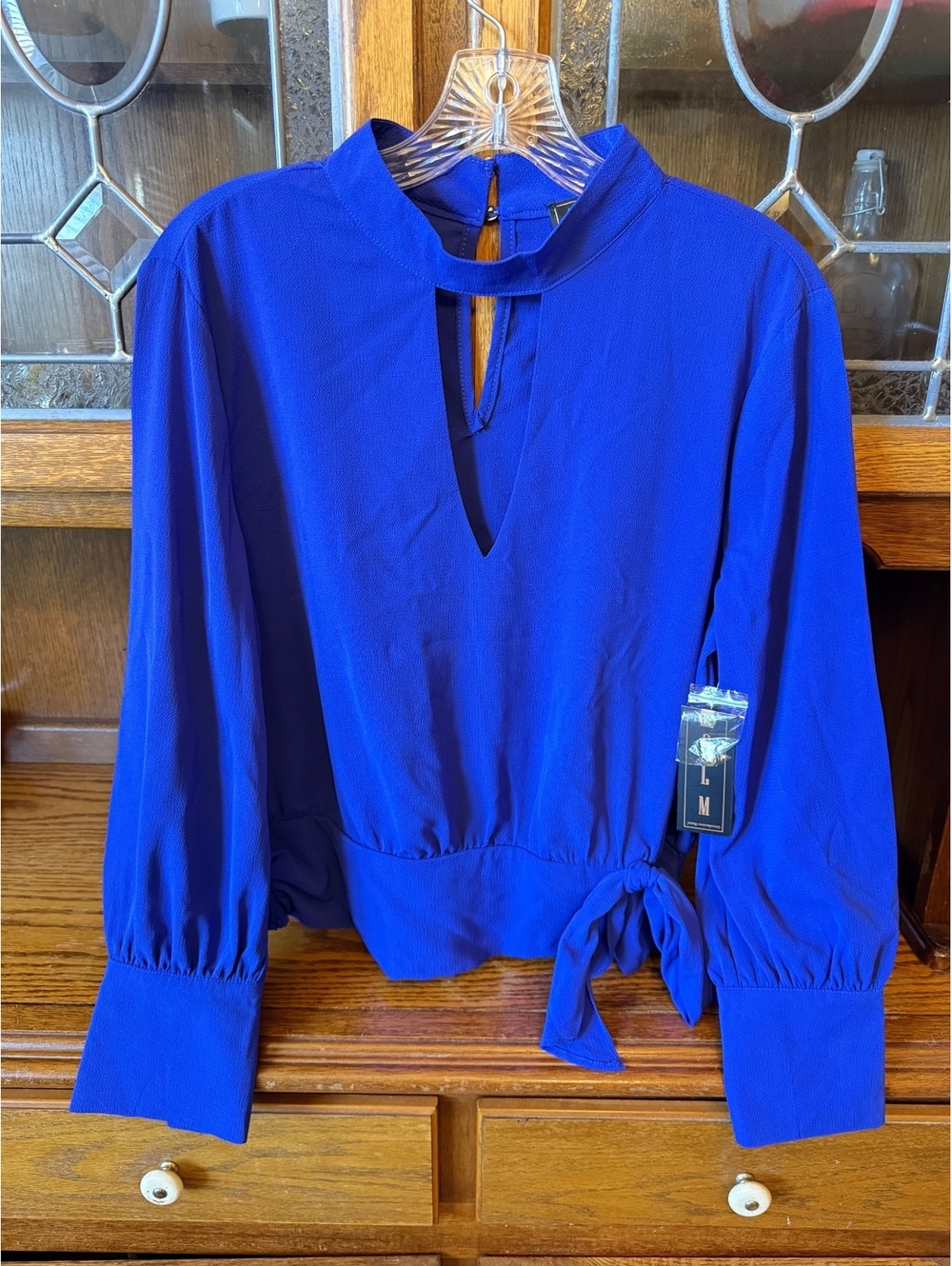 NWT OLM Young Contemporary Royal Blue Blouse Keyhole Neck Tie Waist Size L